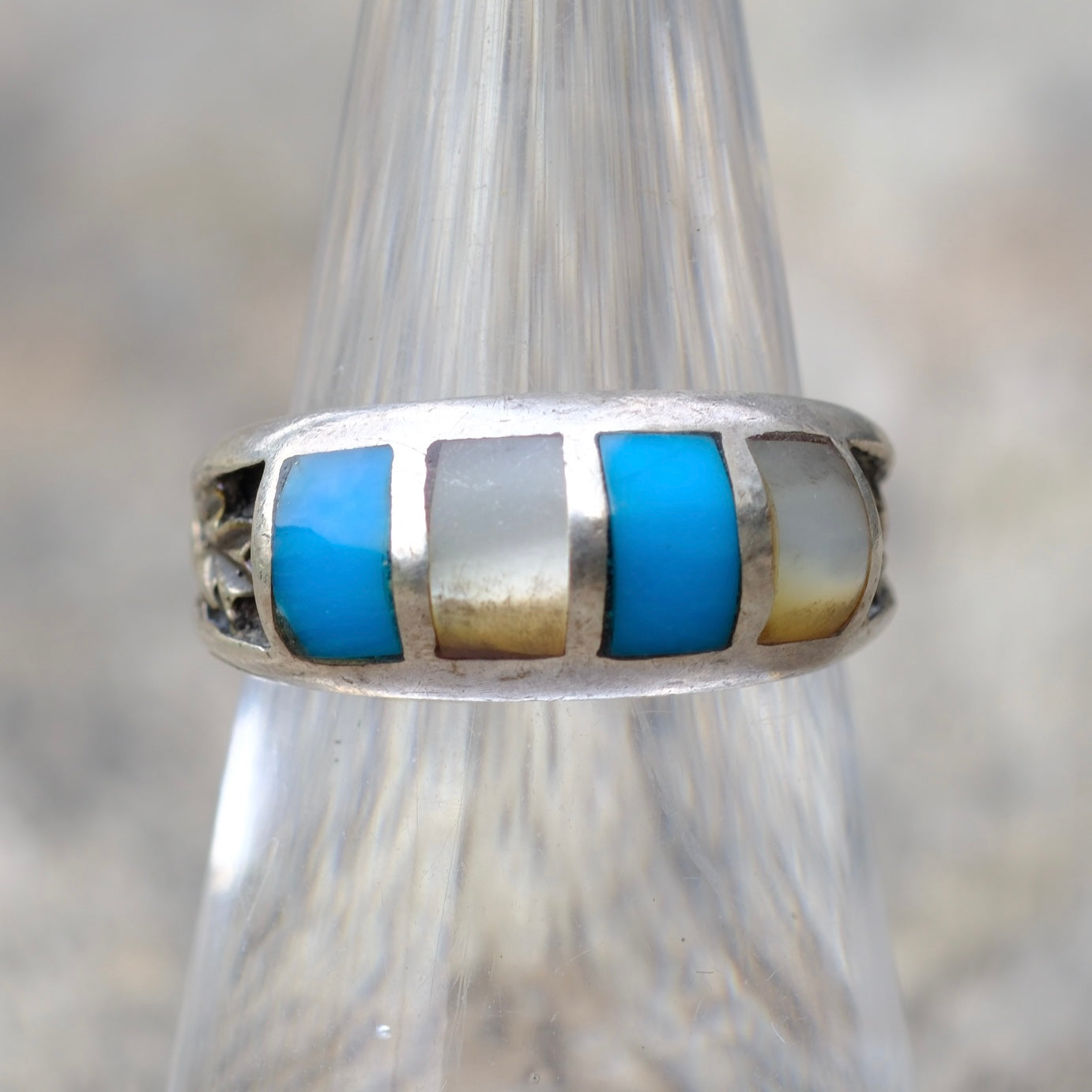 Vintage Sterling Turquoise and MOP Inlay Band 6.5
