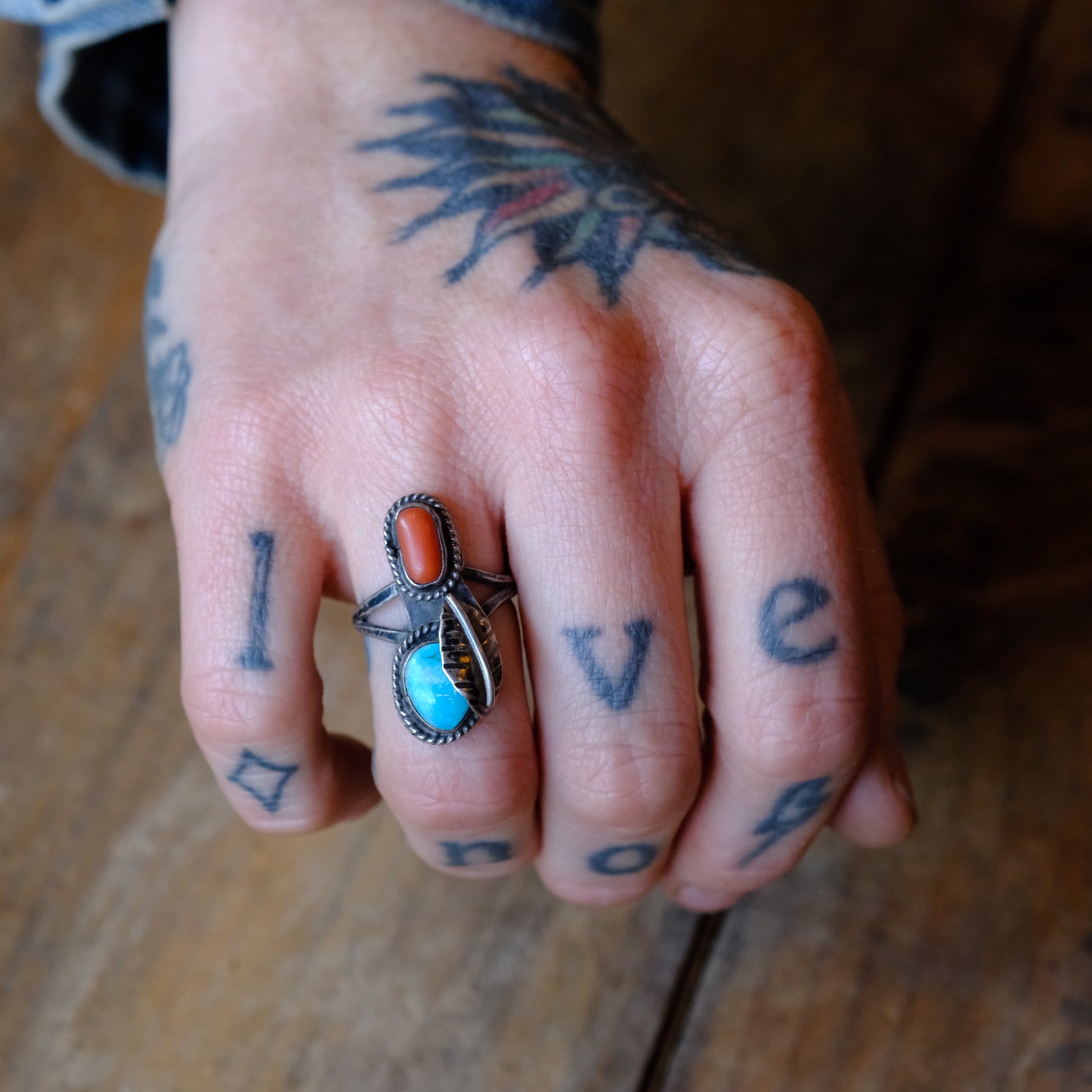Vintage Sterling Turquoise and Coral Feather Ring 6.5