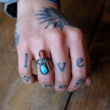 Vintage Sterling Turquoise and Coral Feather Ring 6.5