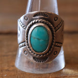 Vintage Sterling Turquoise Stamped Band Navajo Ring 11.5