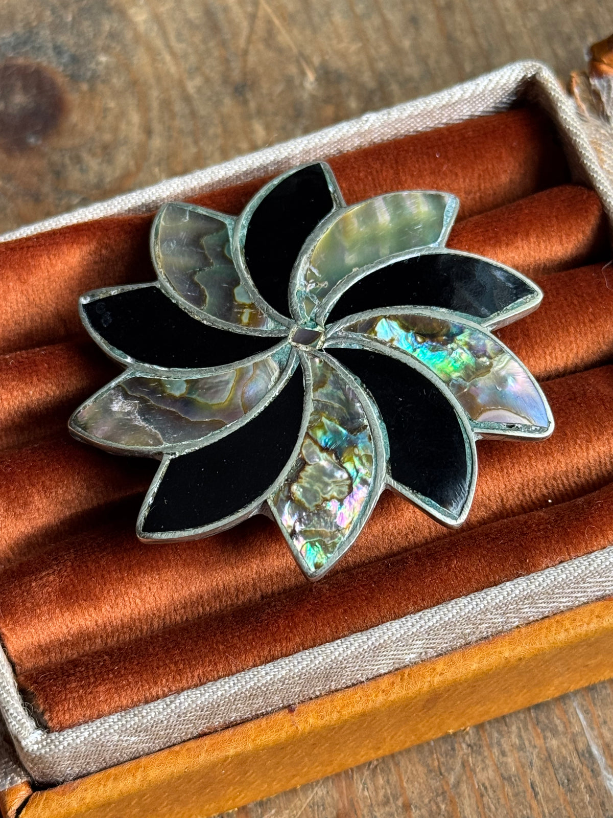 Vintage Sterling Silver Onyx & Abalone Inlay Florette Pendant Pin
