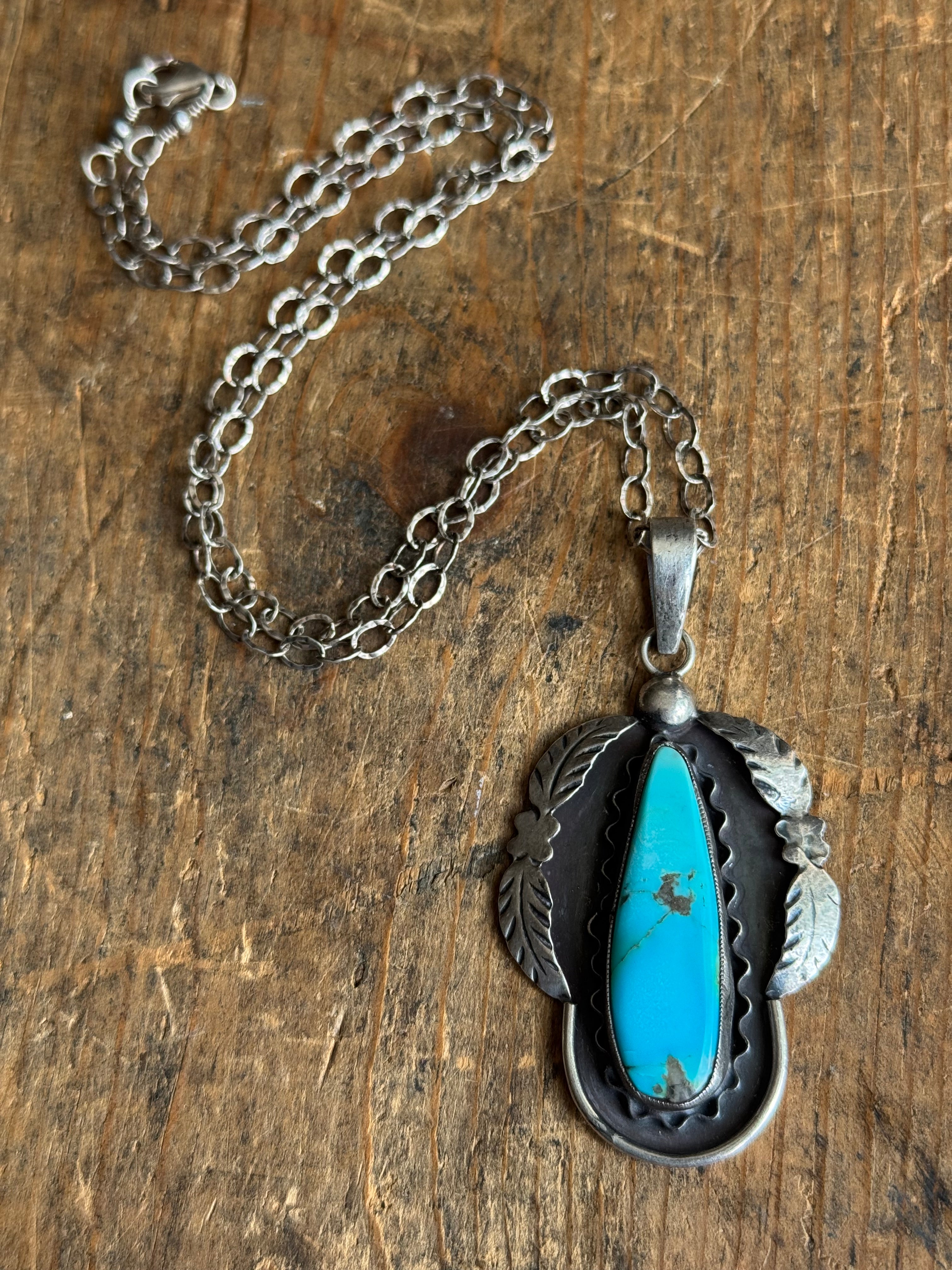Vintage Sterling Silver Turquoise Teardrop Leaf Necklace
