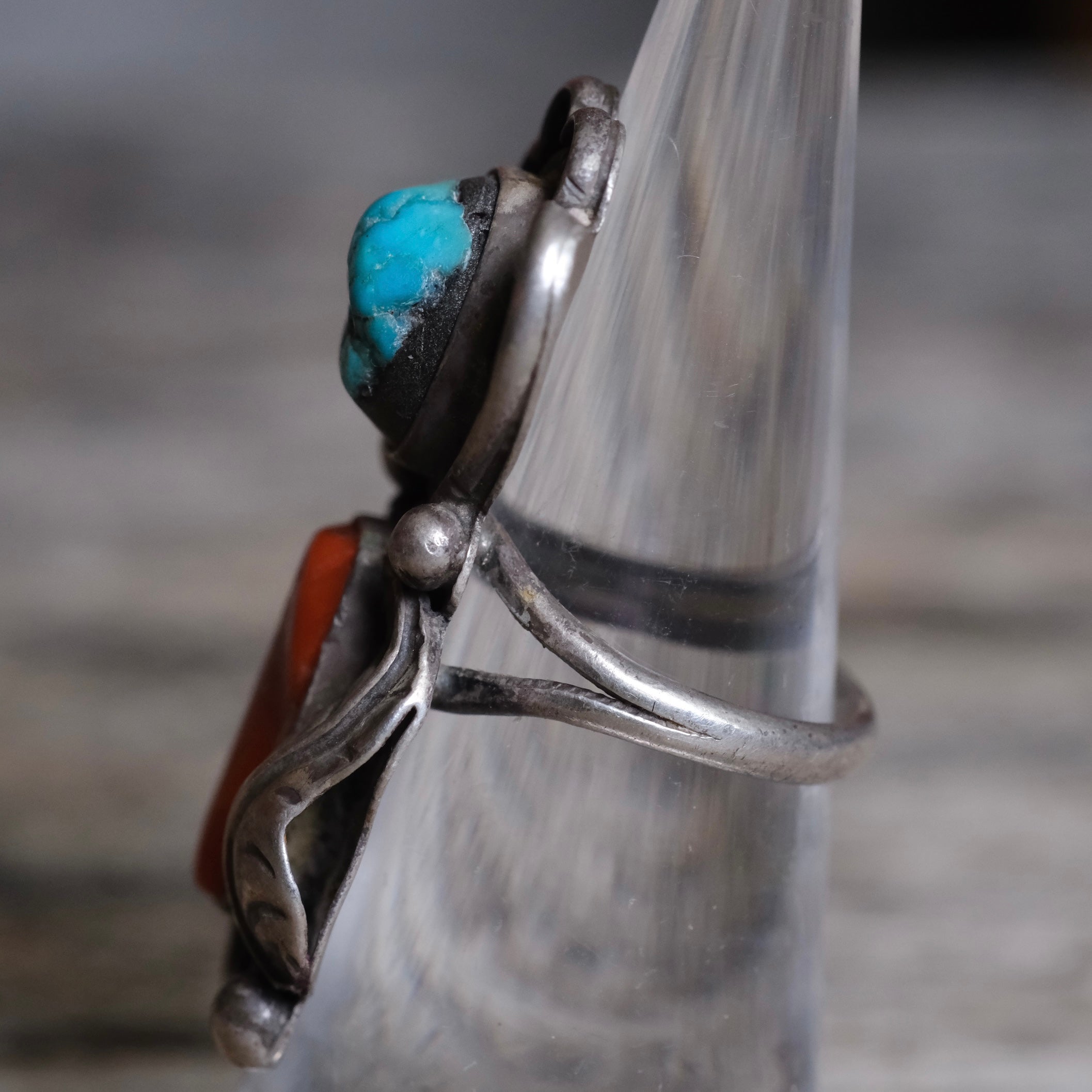 Vintage Sterling Turquoise and Coral Feather Ring 6.25