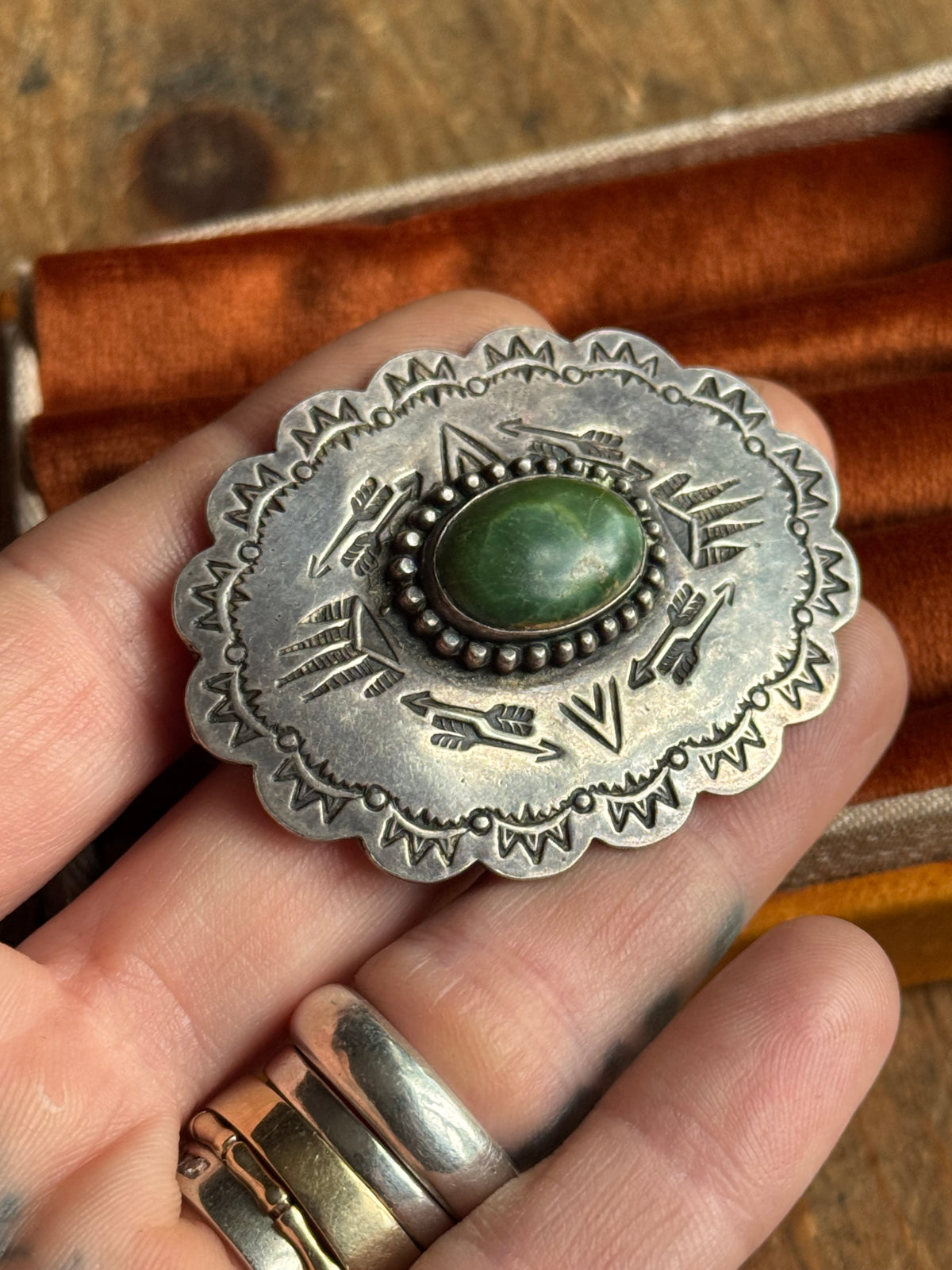 Vintage Sterling Silver Turquoise Stamped Concho Pin