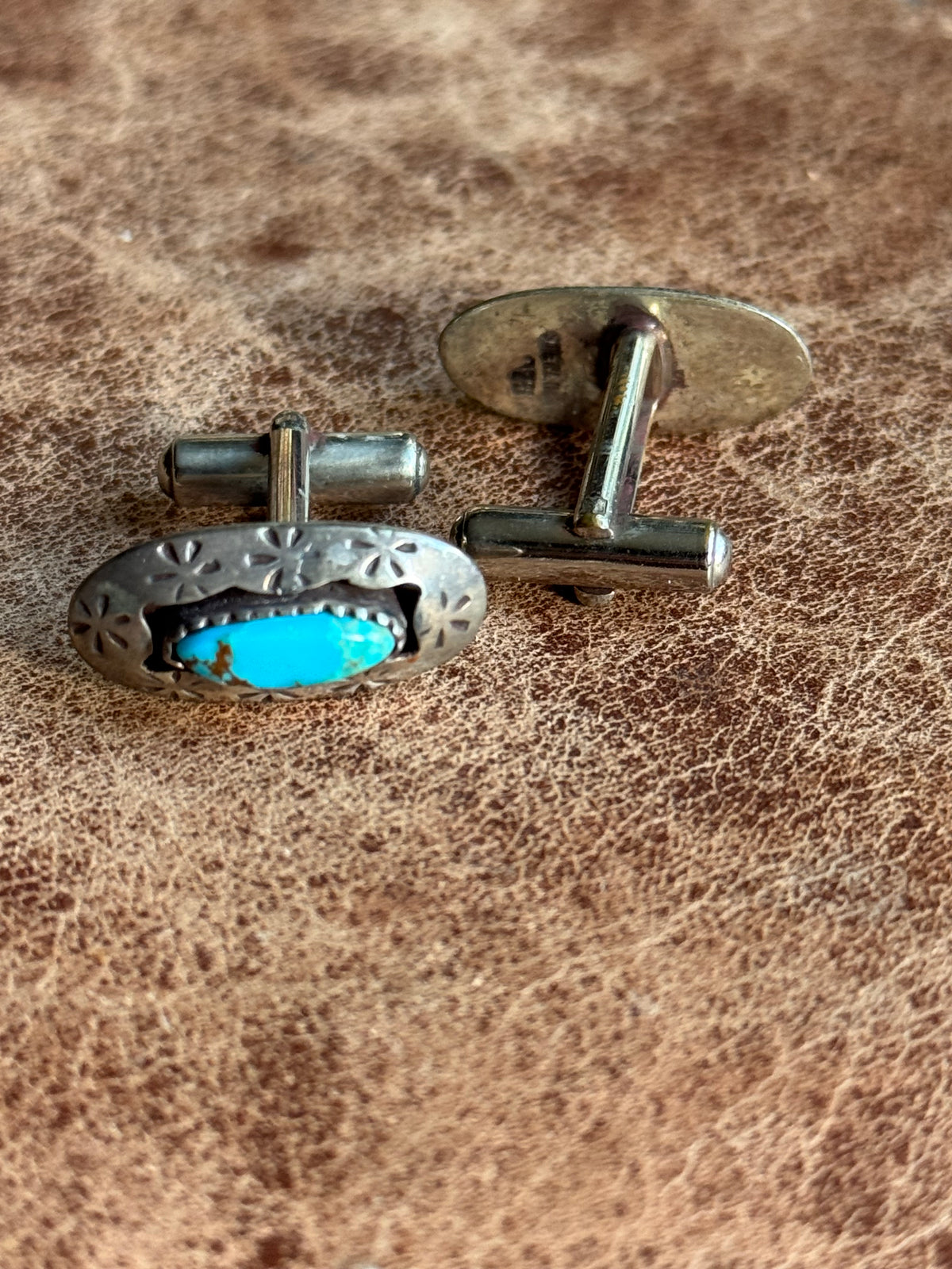Vintage Sterling Silver Stamped Turquoise Shadowbox Cufflinks