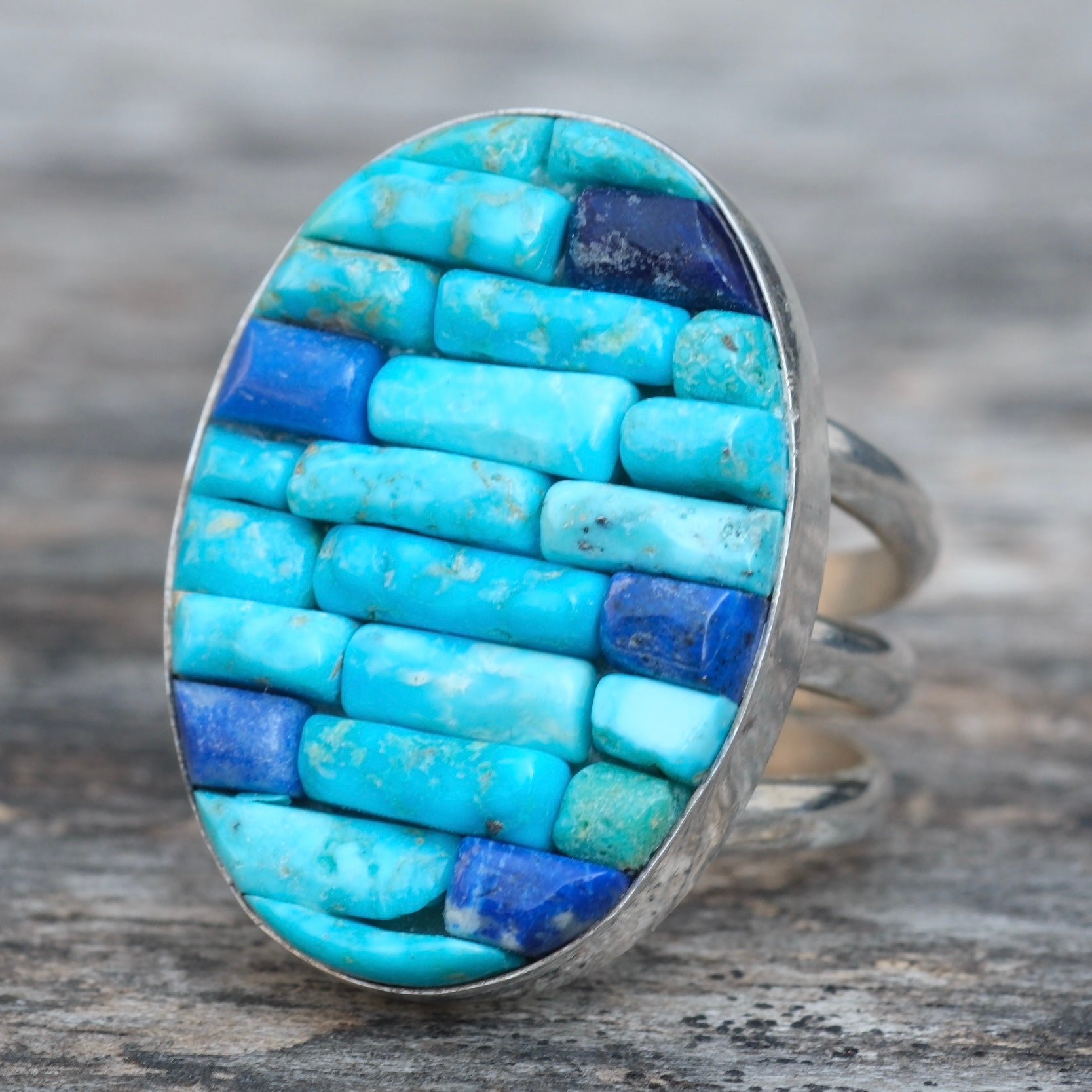 Vintage Sterling Turquoise Inlay Row Ring 8