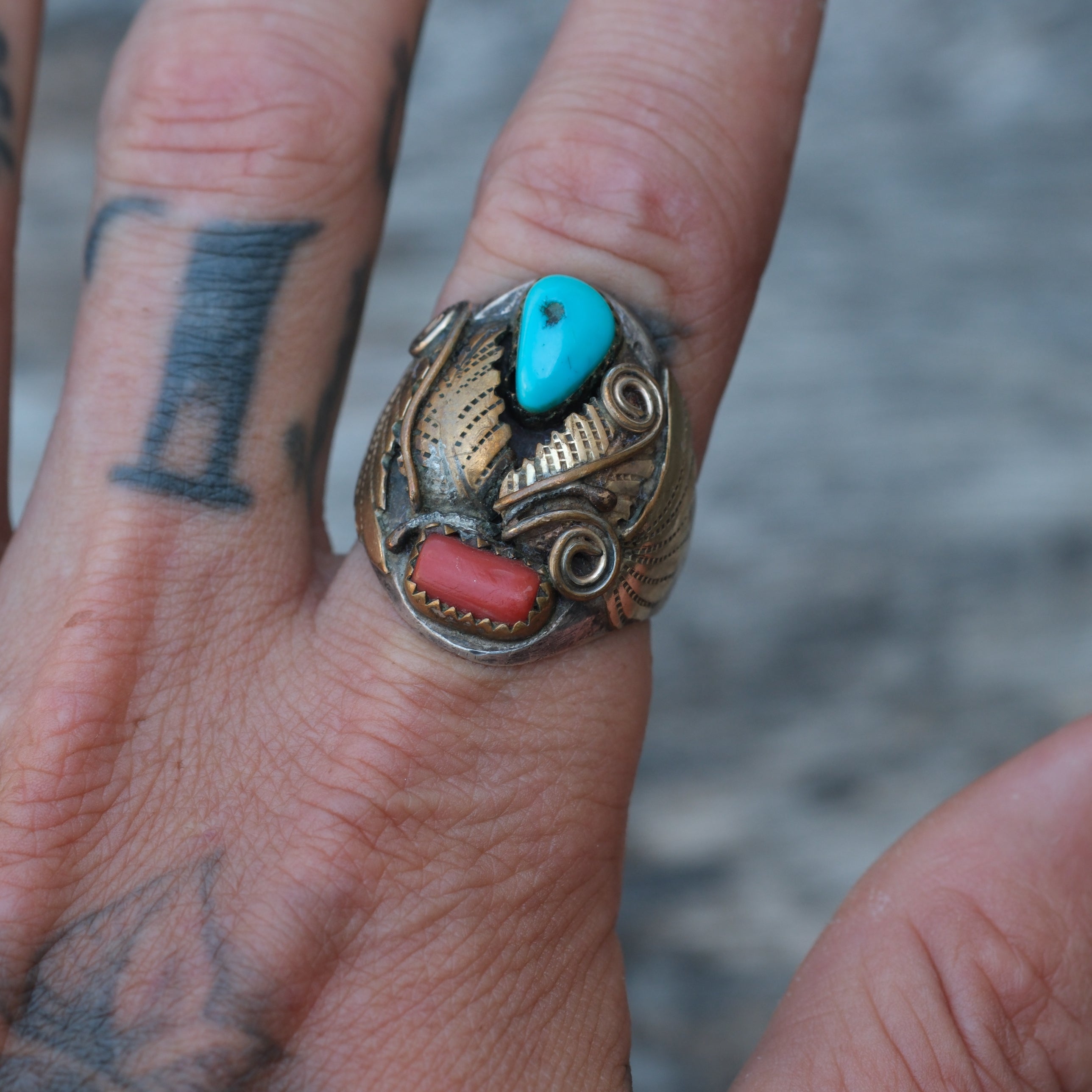 Vintage Sterling And Copper Turquoise Coral Feather Ring 10.5