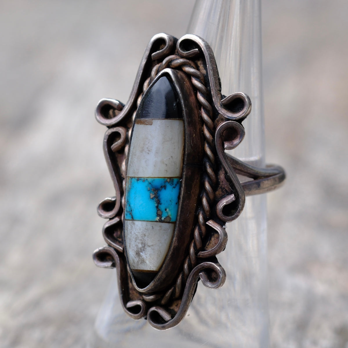 Vintage Sterling Multi Stone Inlay Ring 5.5