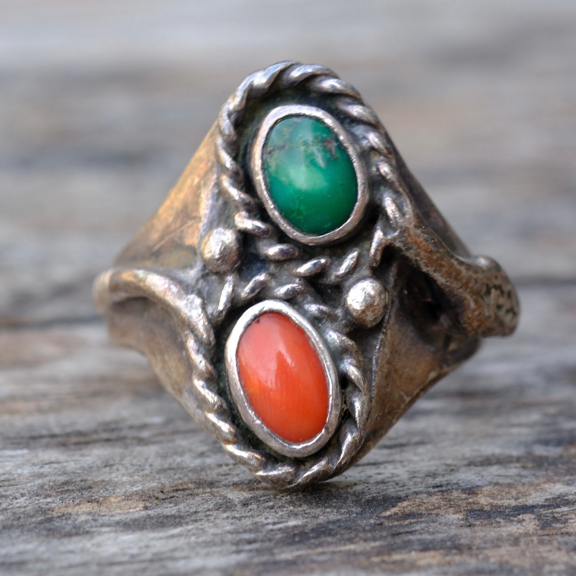 Vintage Sterling Turquoise and Coral Snake Ring 9