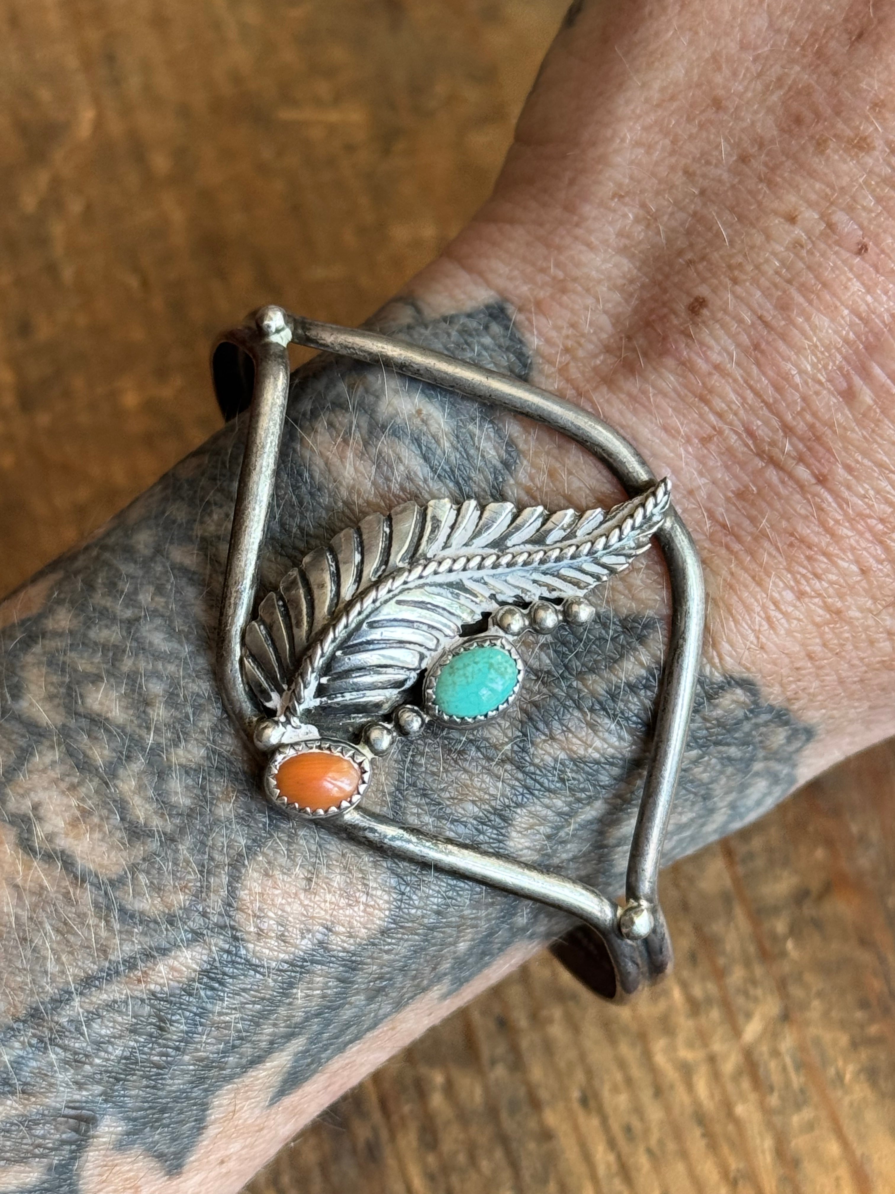 Vintage Sterling Silver Turquoise & Coral Leaf Cuff