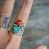 Vintage Sterling Turquoise and Coral Ring 9.25