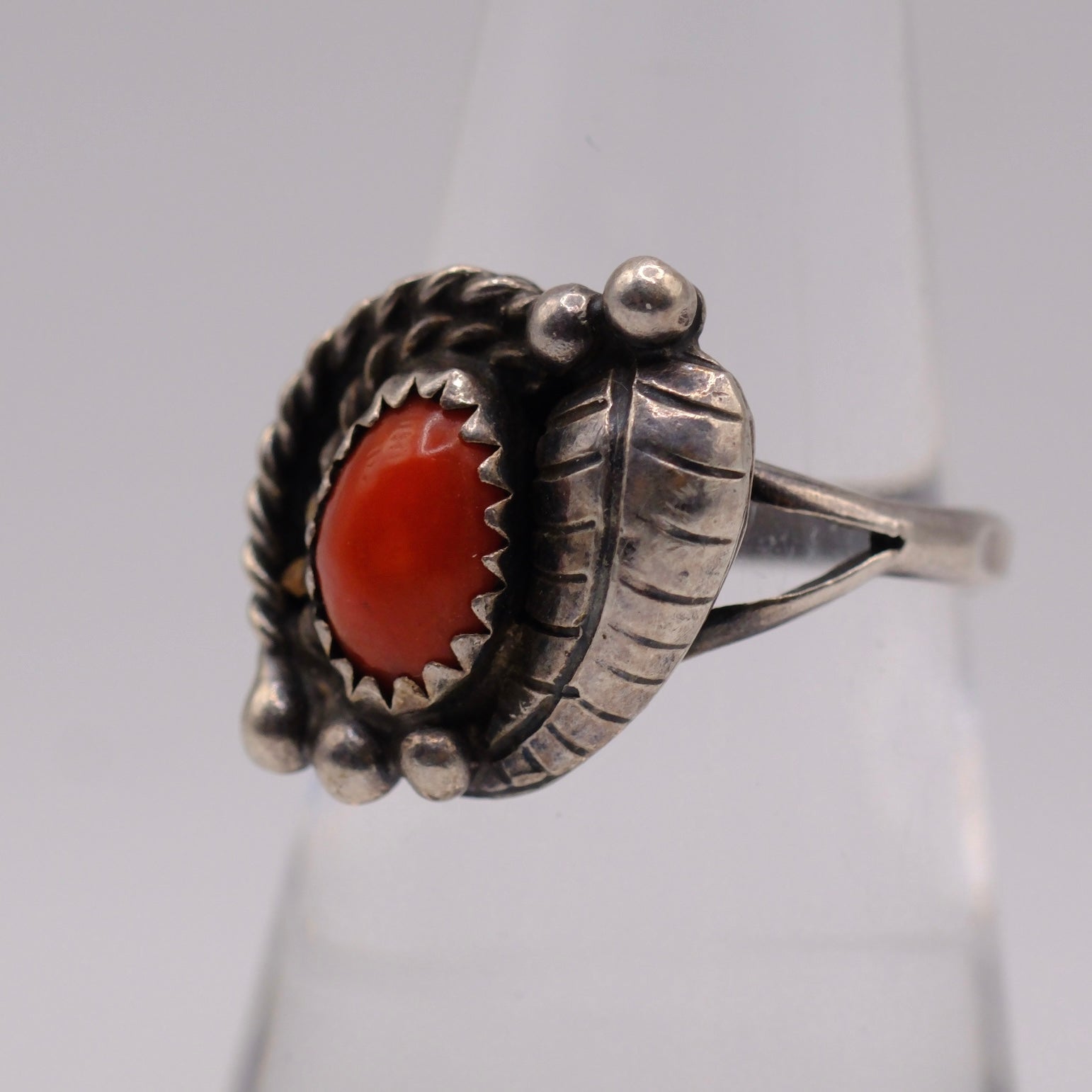 Vintage Sterling Coral Feather Ring 6.75