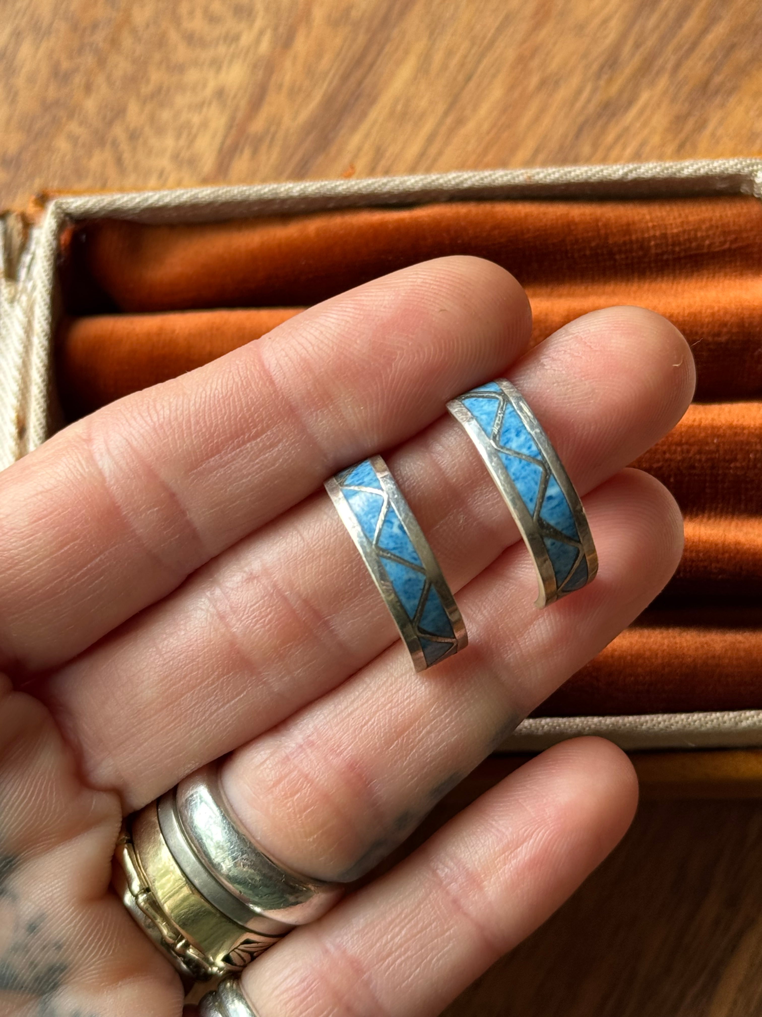 Vintage Sterling Silver Sodalite Inlay Half Hoops