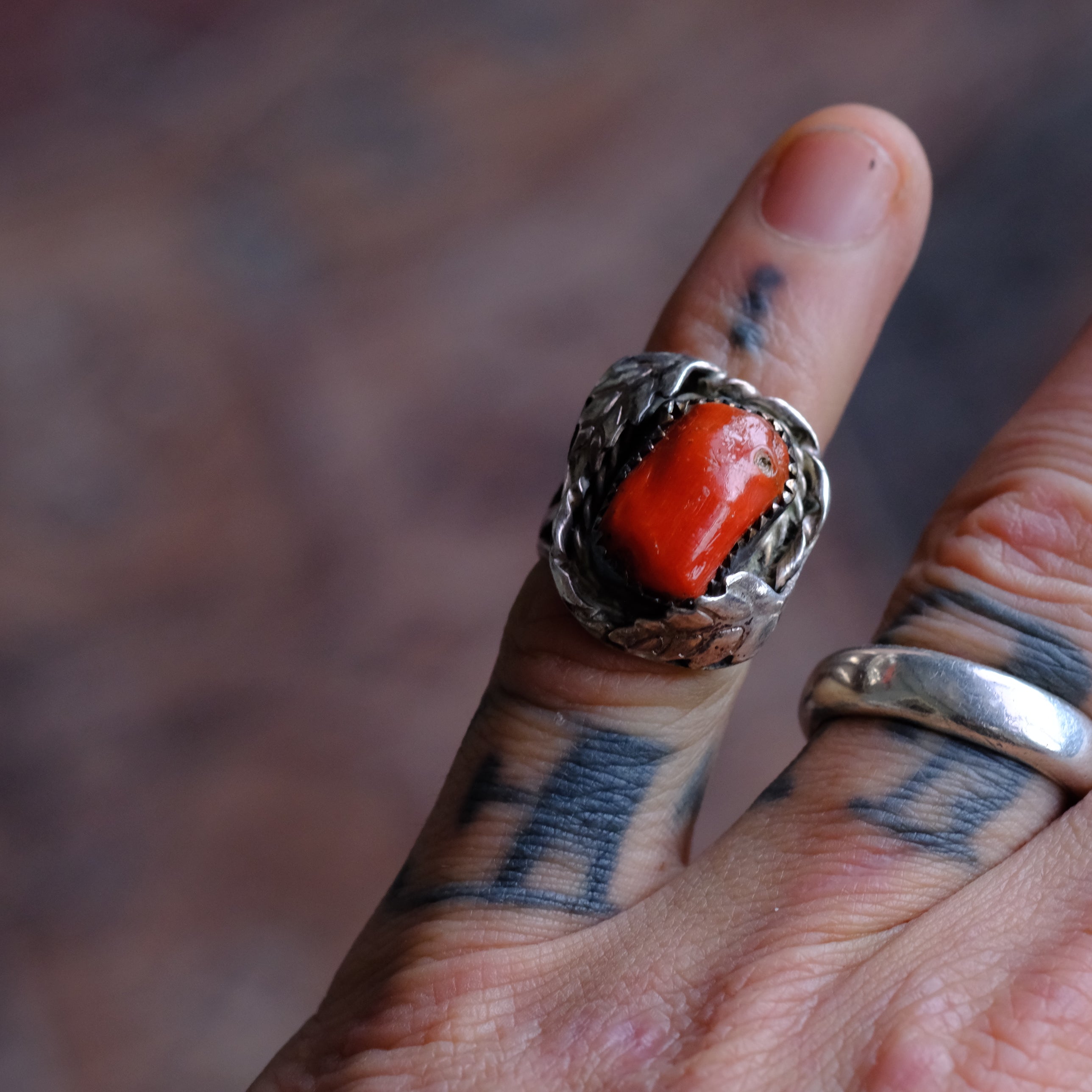 Vintage Sterling Coral Feather Ring 4.25