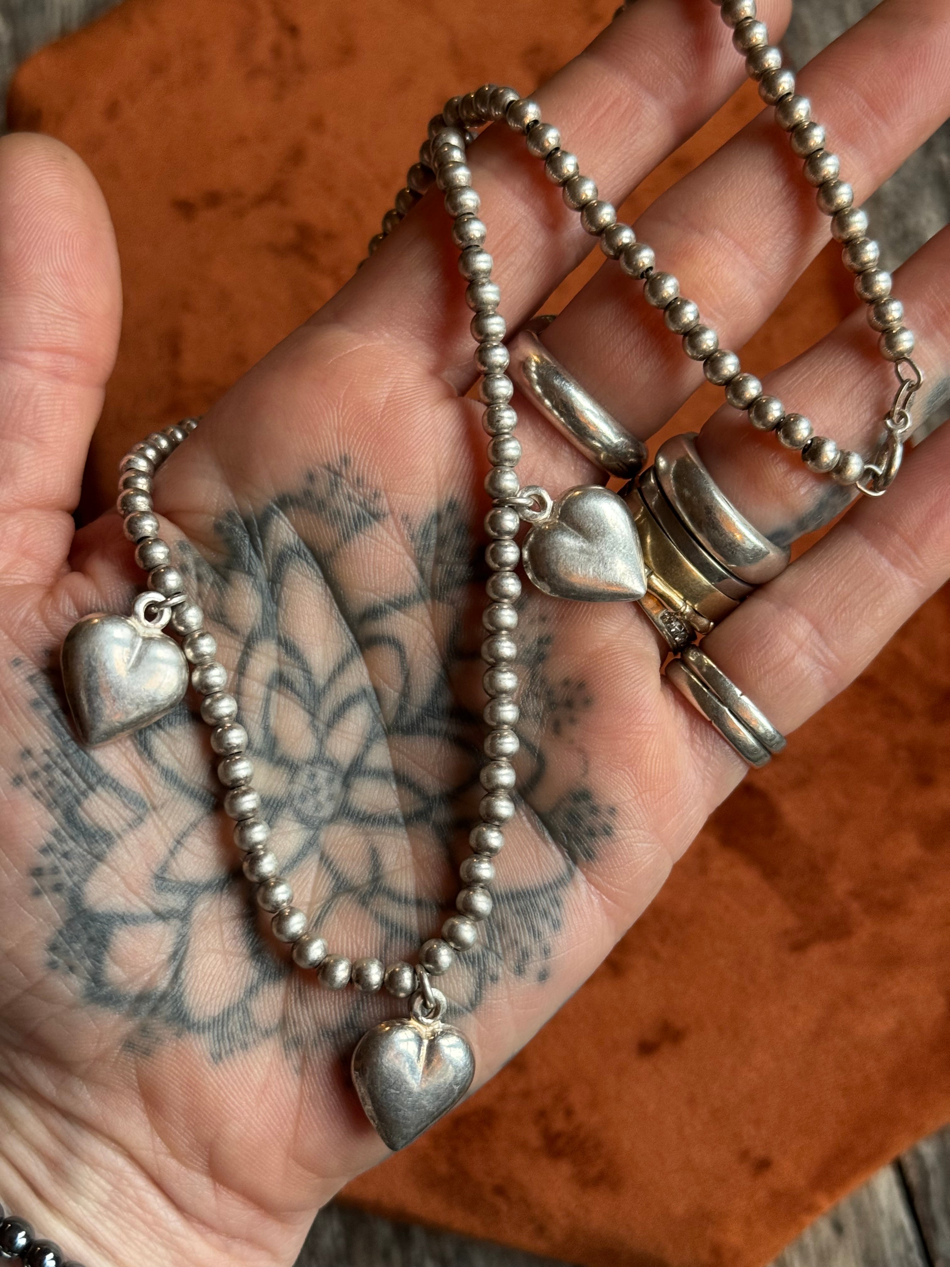 Vintage Sterling Silver 18” Beaded Heart Chain