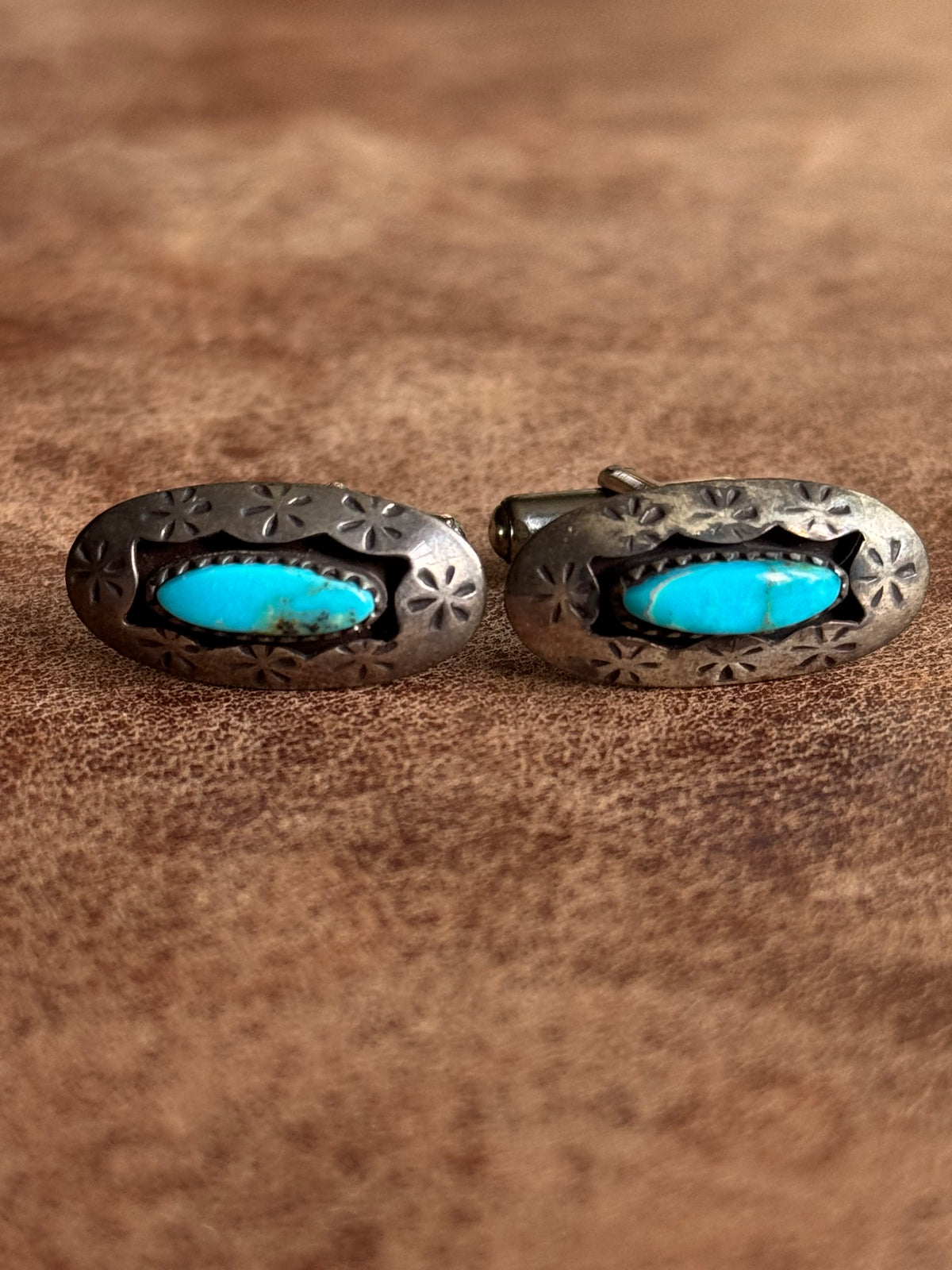 Vintage Sterling Silver Stamped Turquoise Shadowbox Cufflinks