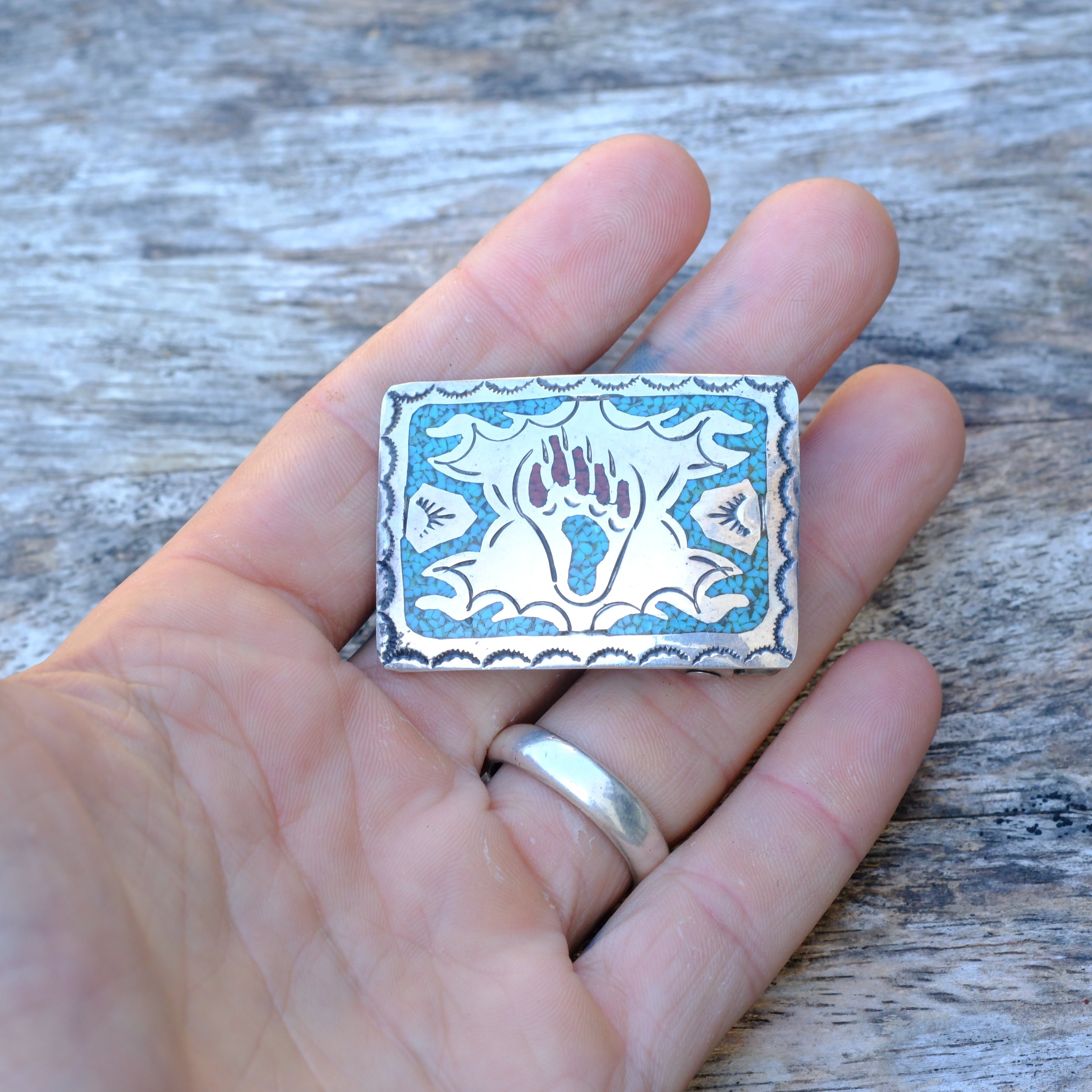 Vintage Sterling Ladies Turquoise and Coral Bear Paw Belt Buckle
