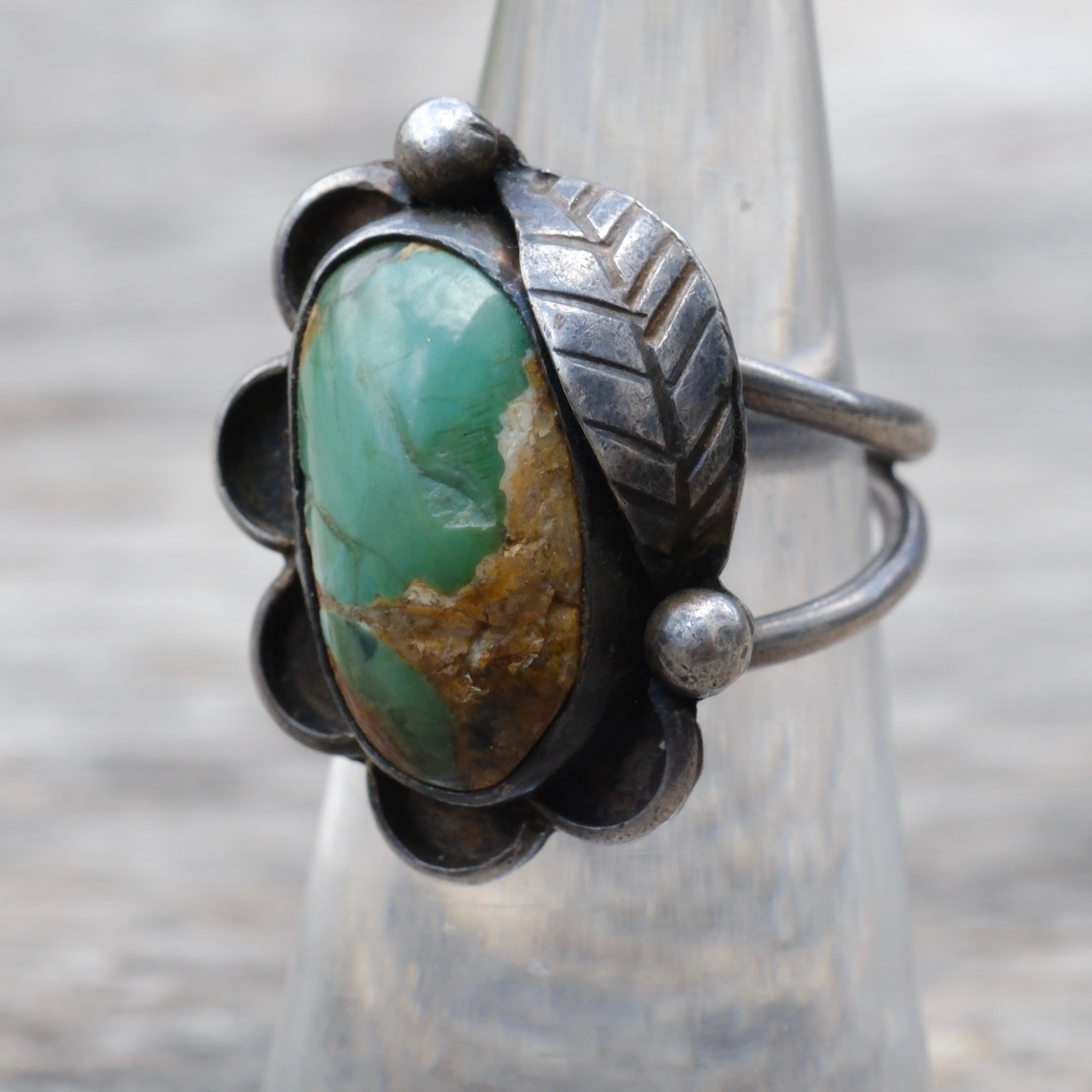 Vintage Sterling Turquoise Florette Ring 5.25