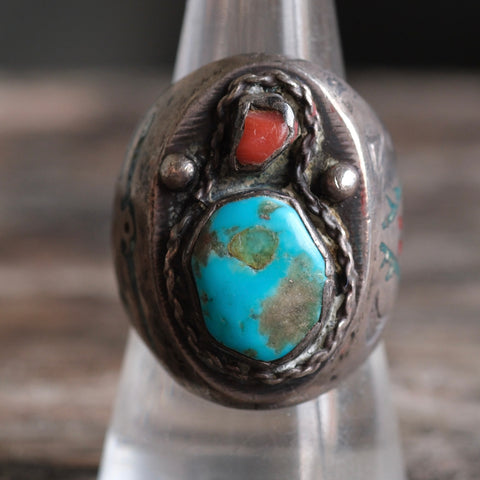 Vintage Sterling Turquoise and Coral Thunderbird Ring 9