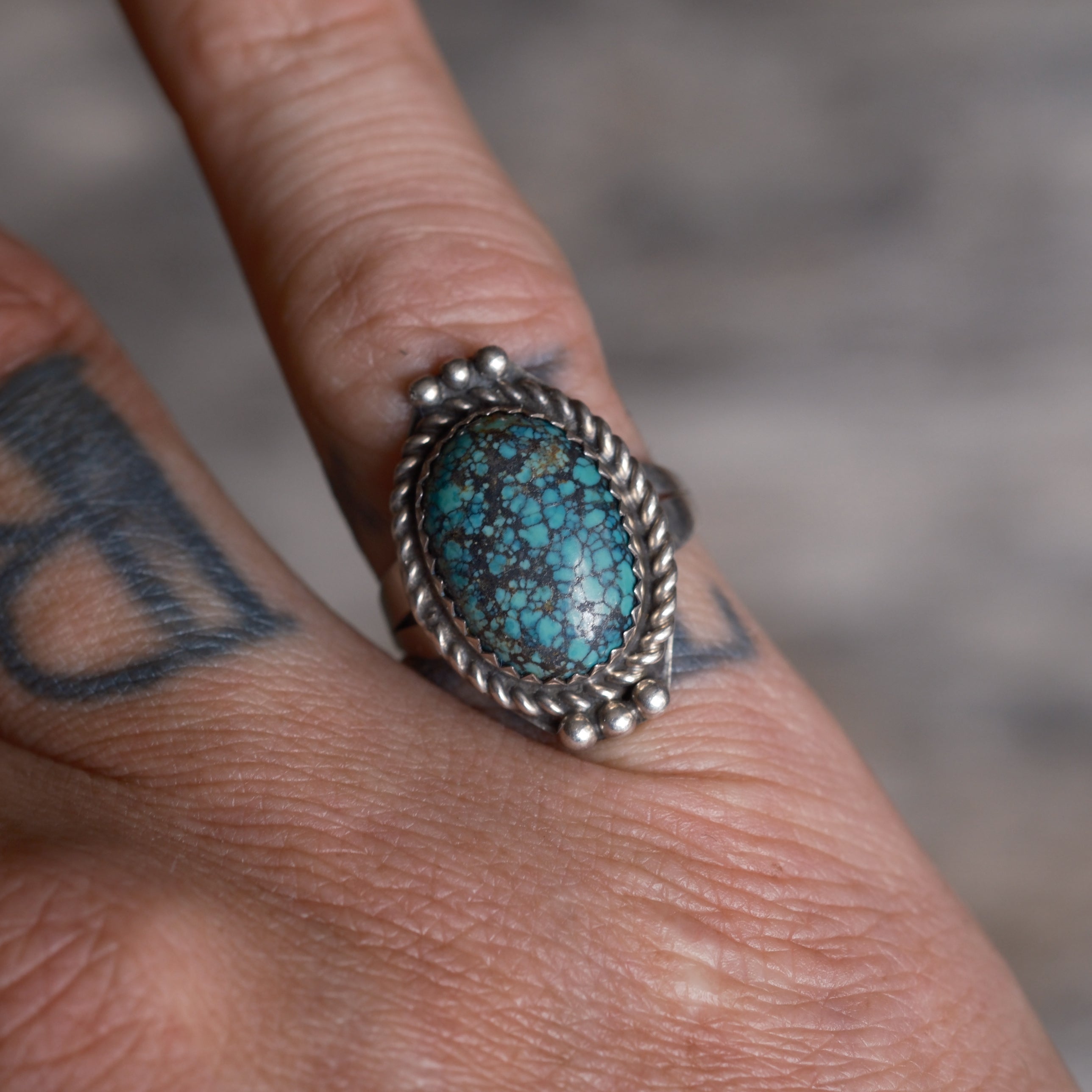 Vintage Sterling Matrix Turquoise Roper Ring 6.75