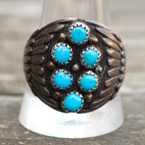 Vintage Sterling Multistone Turquoise Ribbed Band Ring 12