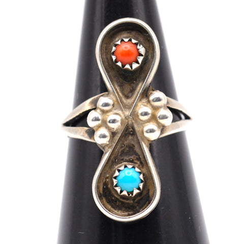 Vintage Sterling Turquoise and Coral Ring 5.5