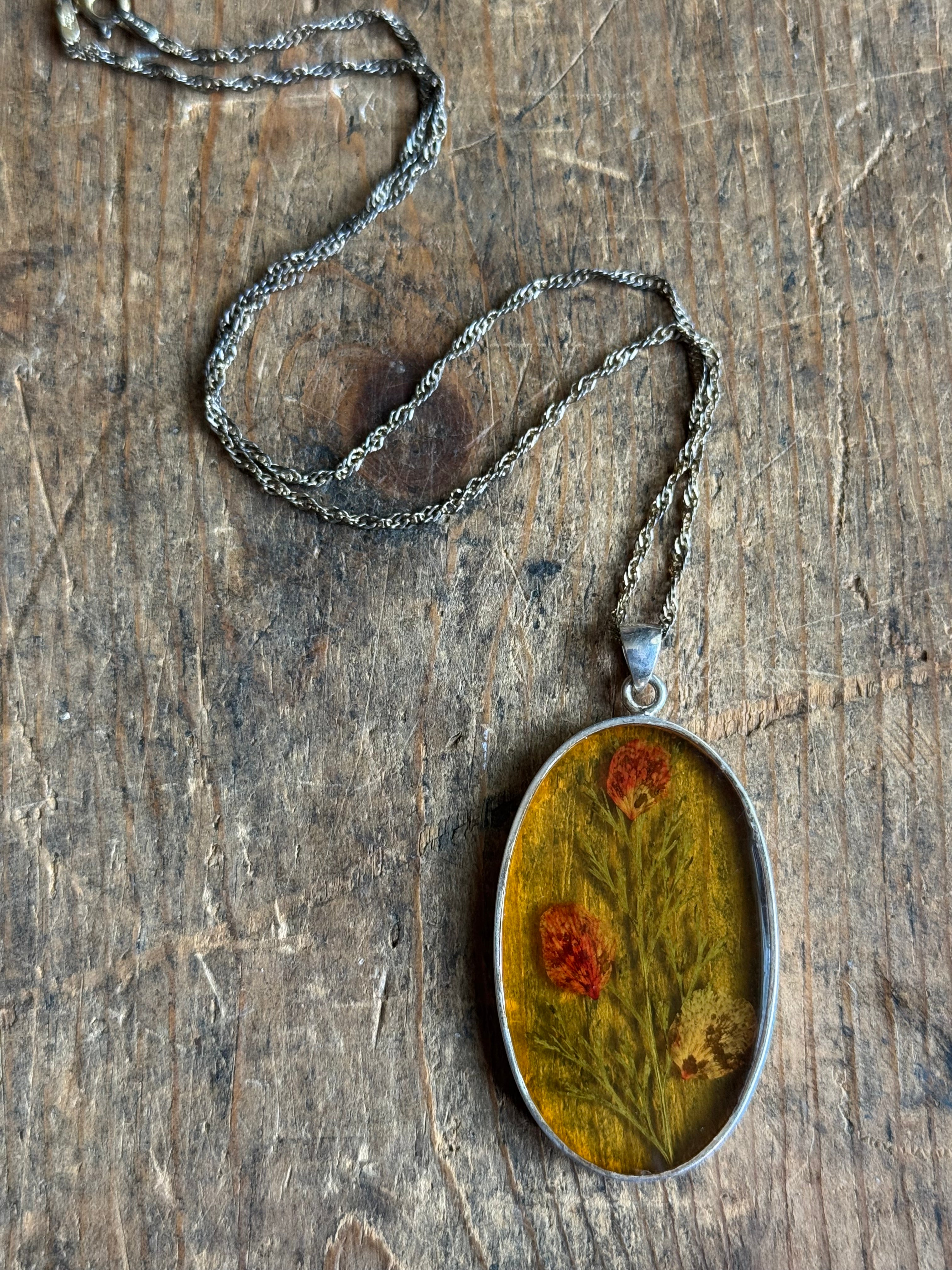 Vintage Sterling Silver Resin Pressed Flower Necklace