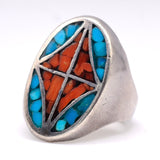 Vintage Sterling Turquoise and Coral Inlay Ring 8