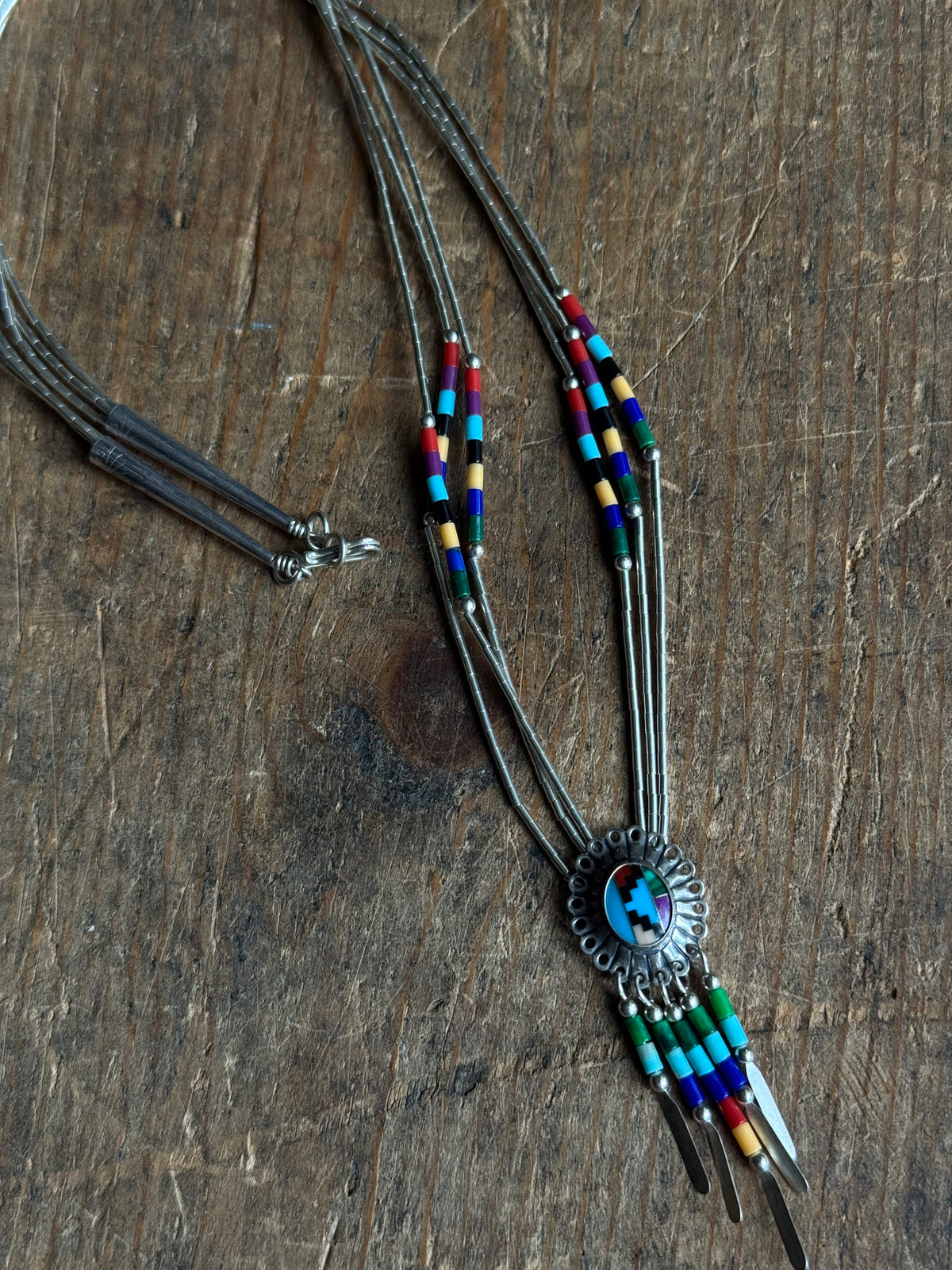 Vintage Sterling Silver Liquid Silver Beaded Multistone Inlay Concho Necklace