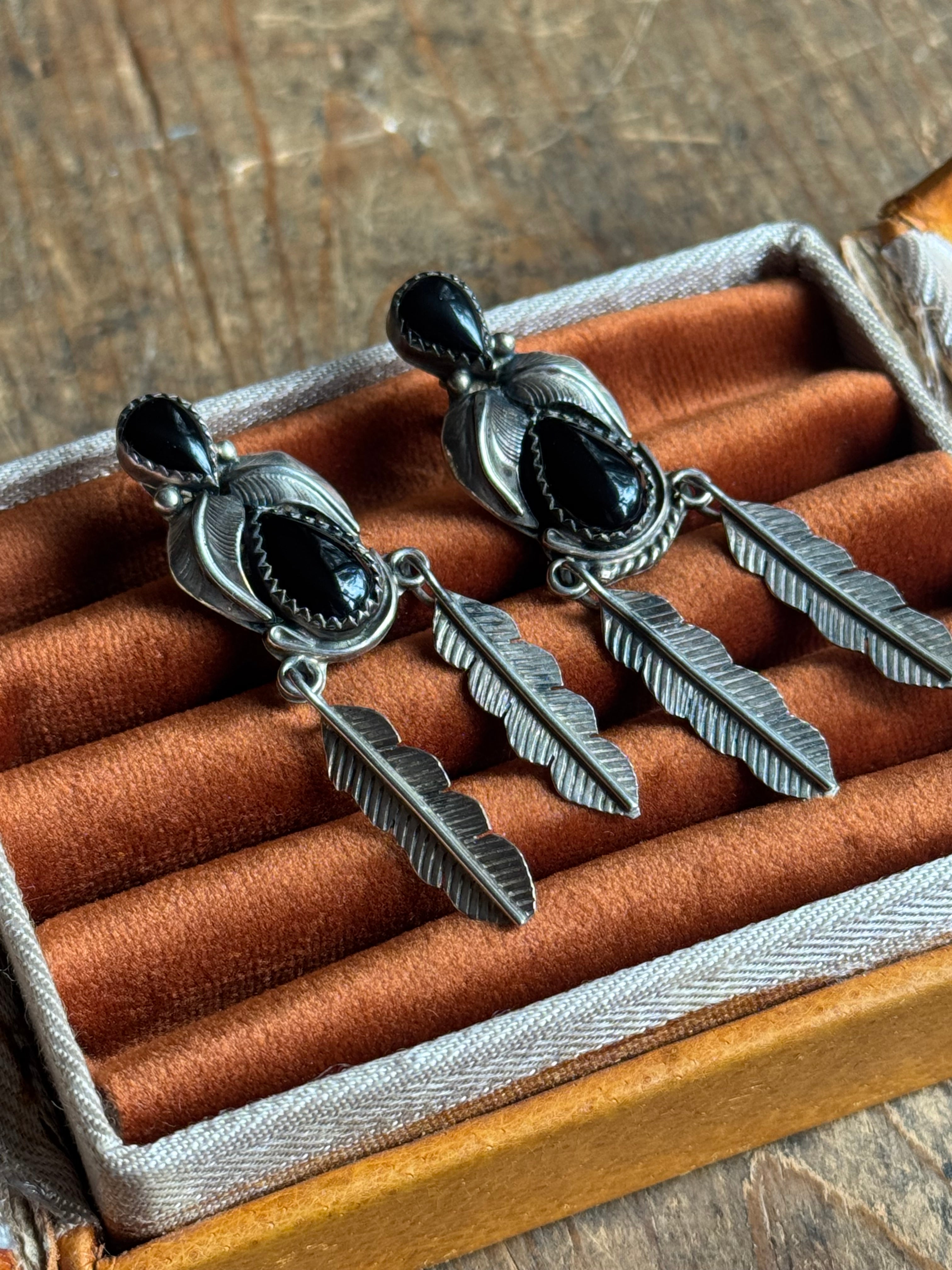 Vintage Sterling Silver Onyx Feather Earrings