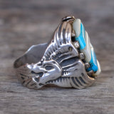 Vintage Sterling Turquoise and Mother Of Pearl Eagle Ring 11.25