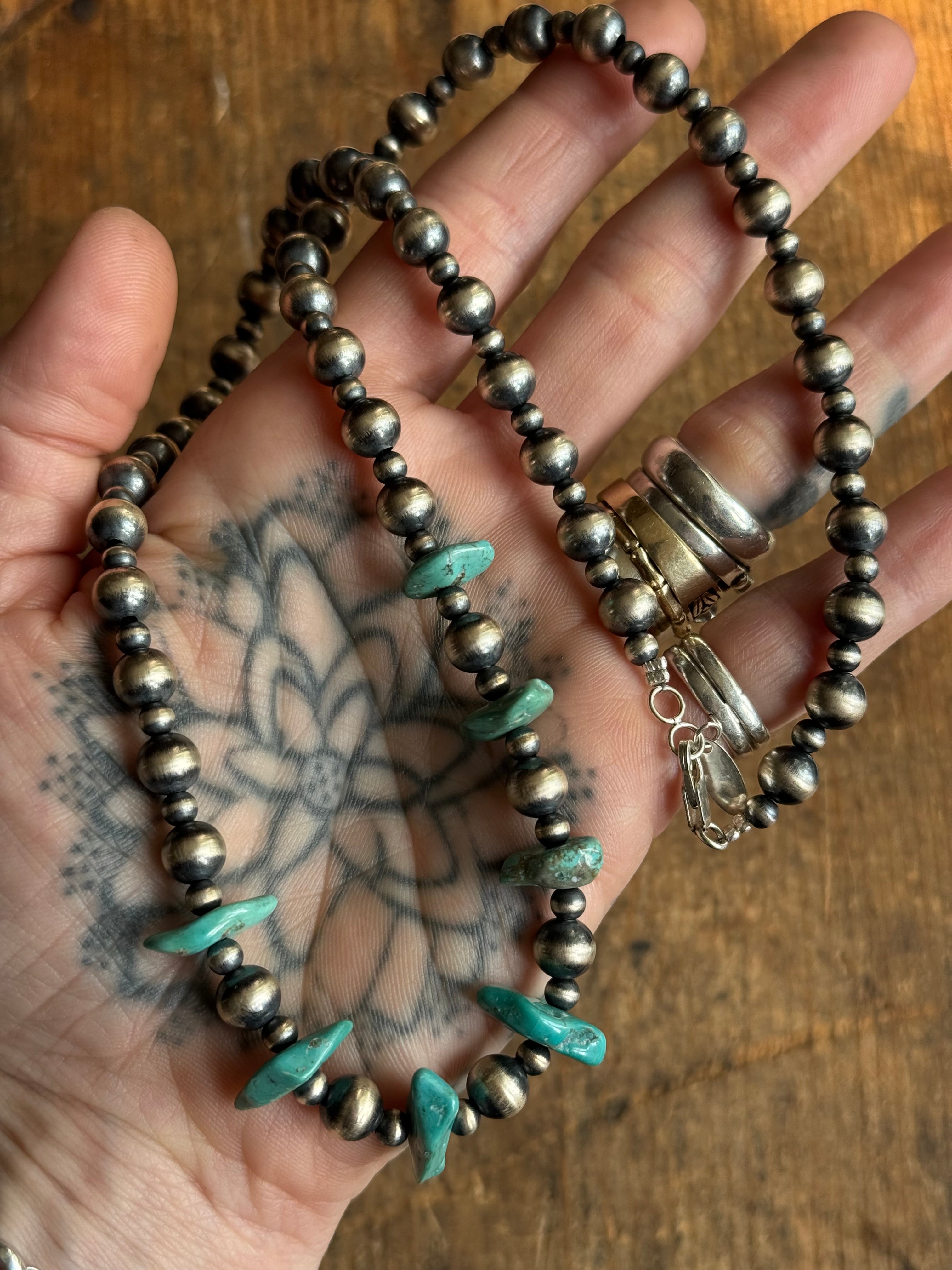 Vintage Raw Turquoise & Sterling Silver Pawn Bead Necklace