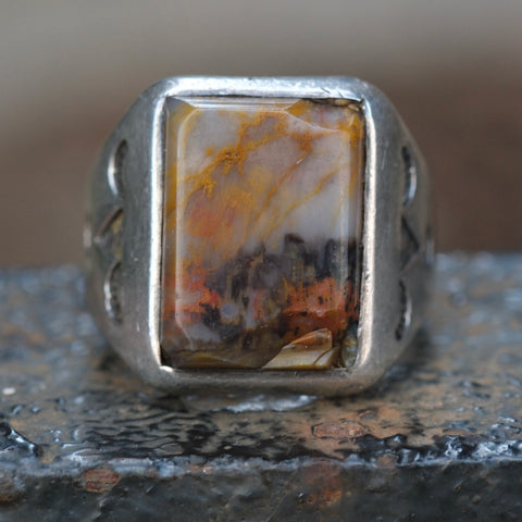Vintage Sterling Petrified Wood Stamped Band Ring 10.5