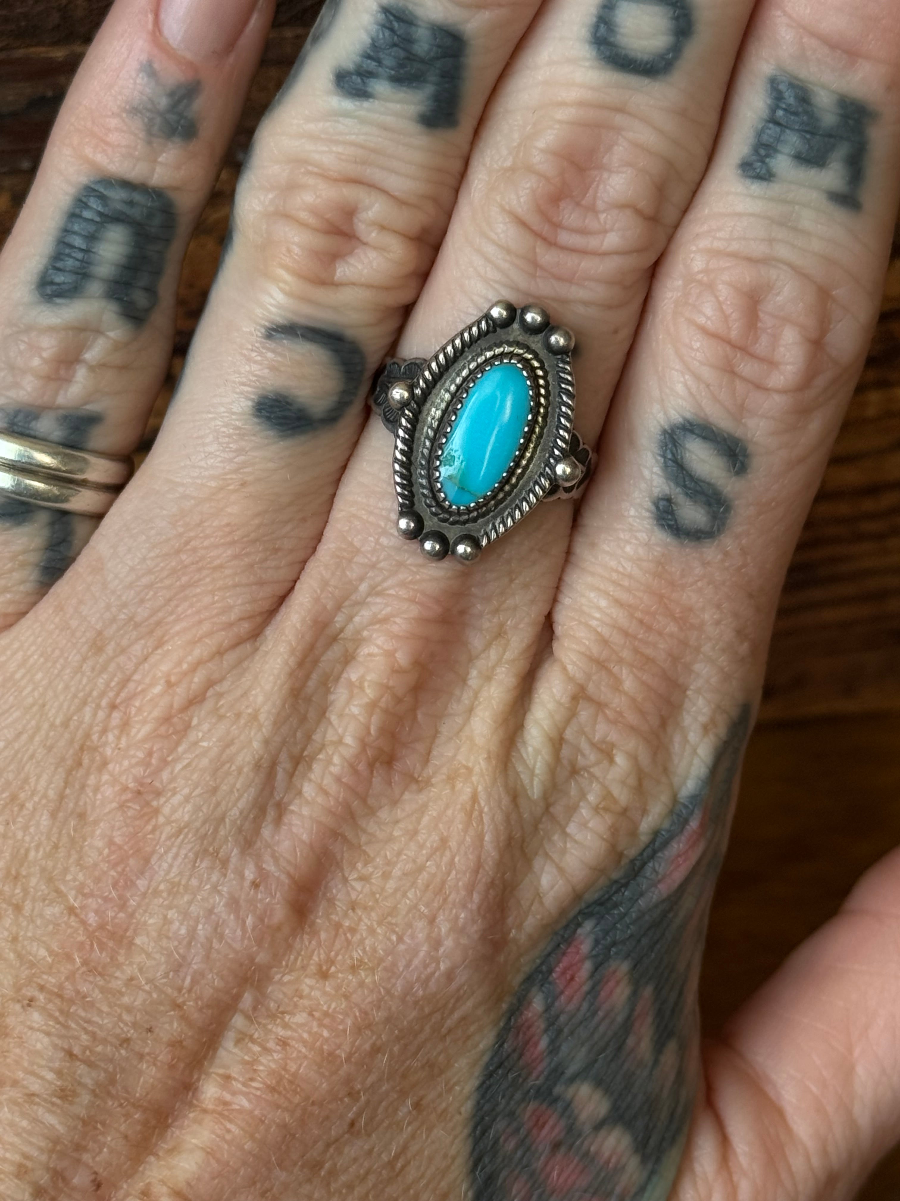 Vintage Sterling Silver Turquoise Stamped Band Ring 6