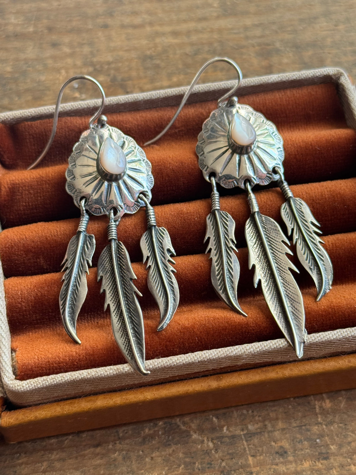 Vintage Sterling Silver Mother of Pearl Feather Concho Earrings