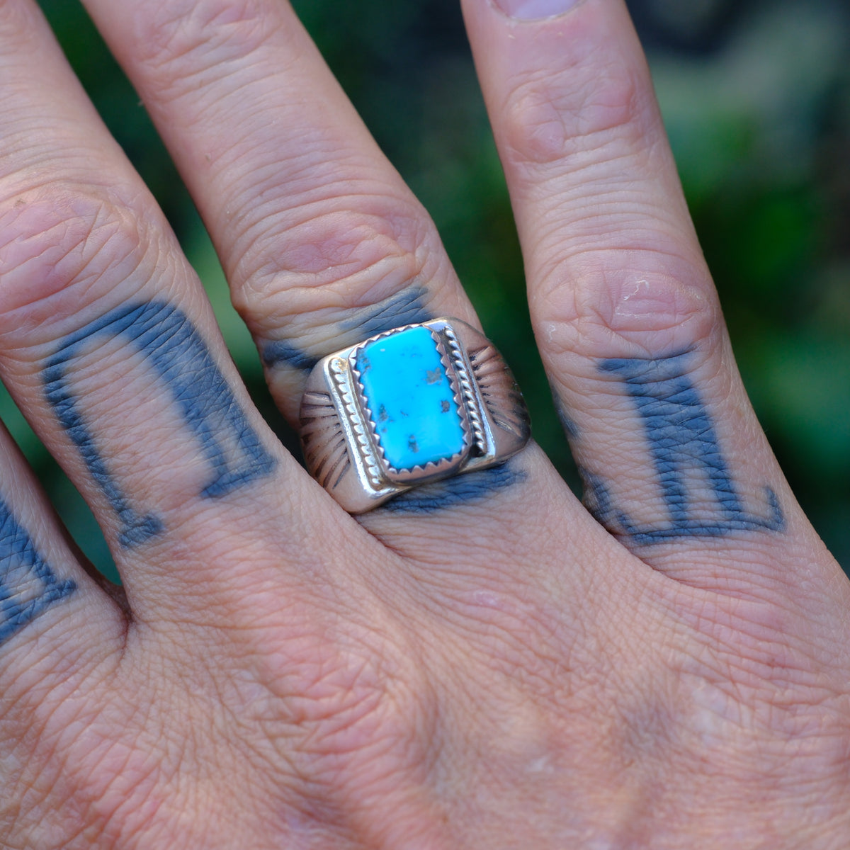 Vintage Sterling Turquoise Stamped Band Ring 8.75