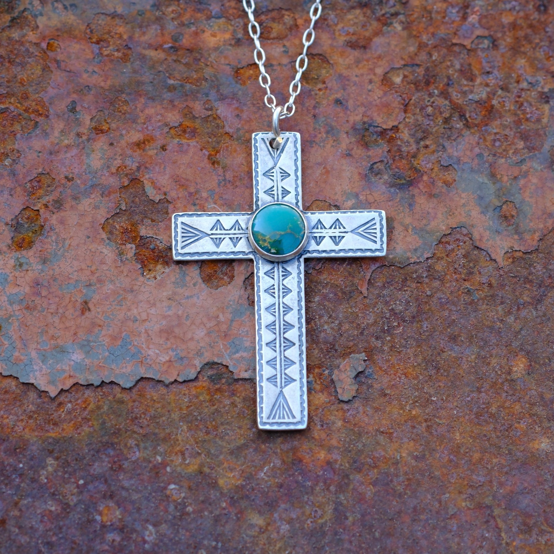 Vintage Sterling Turquoise Stamped Cross Necklace