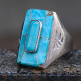 Vintage Sterling Turquoise Inlay Stamped Band Ring  14.25