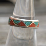 Vintage Sterling Crushed Turquoise and Coral Inlay Band 6.5