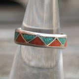 Vintage Sterling Crushed Turquoise and Coral Inlay Band 6.5