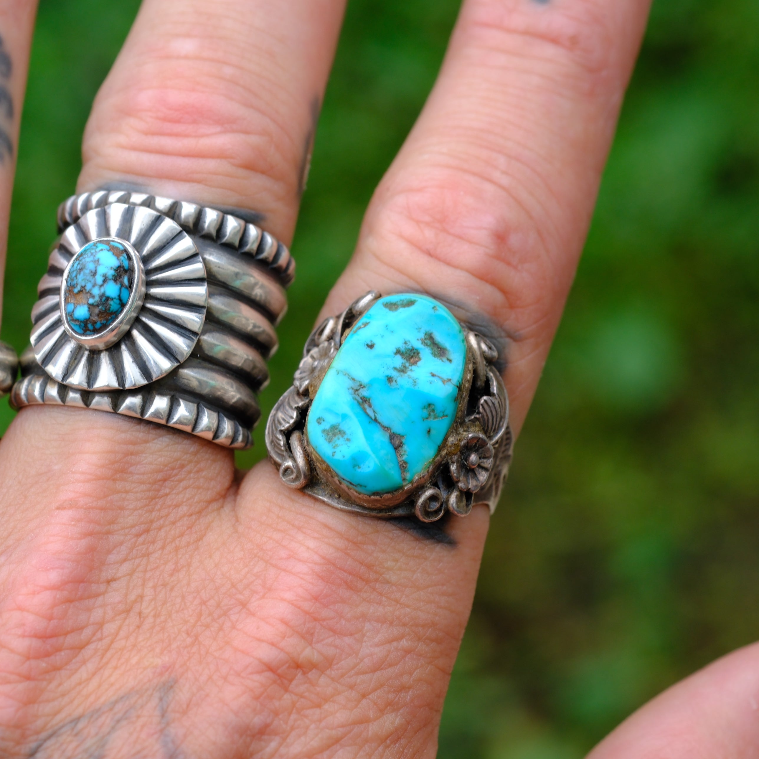 Vintage Sterling Turquoise Feather Ring 9.25