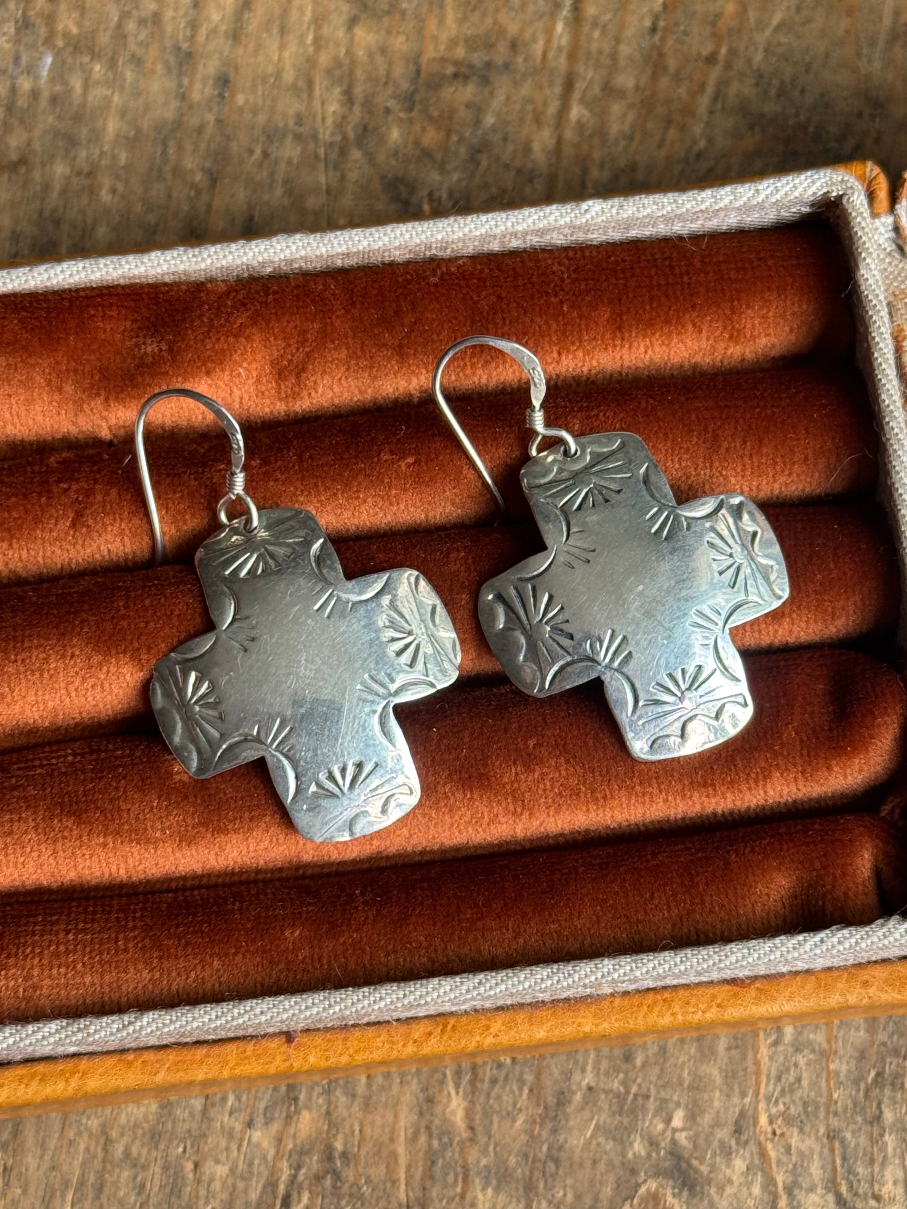 Vintage Sterling Silver Stamped Southwestern Cross Earrings