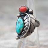 Vintage Sterling Turquoise and Coral Feather Ring 4.5