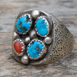 Vintage Sterling Turquoise and Coral Cluster Ring 10.75
