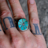OLDER Vintage Sterling Turquoise Inlay Pinwheel Ring 9.75