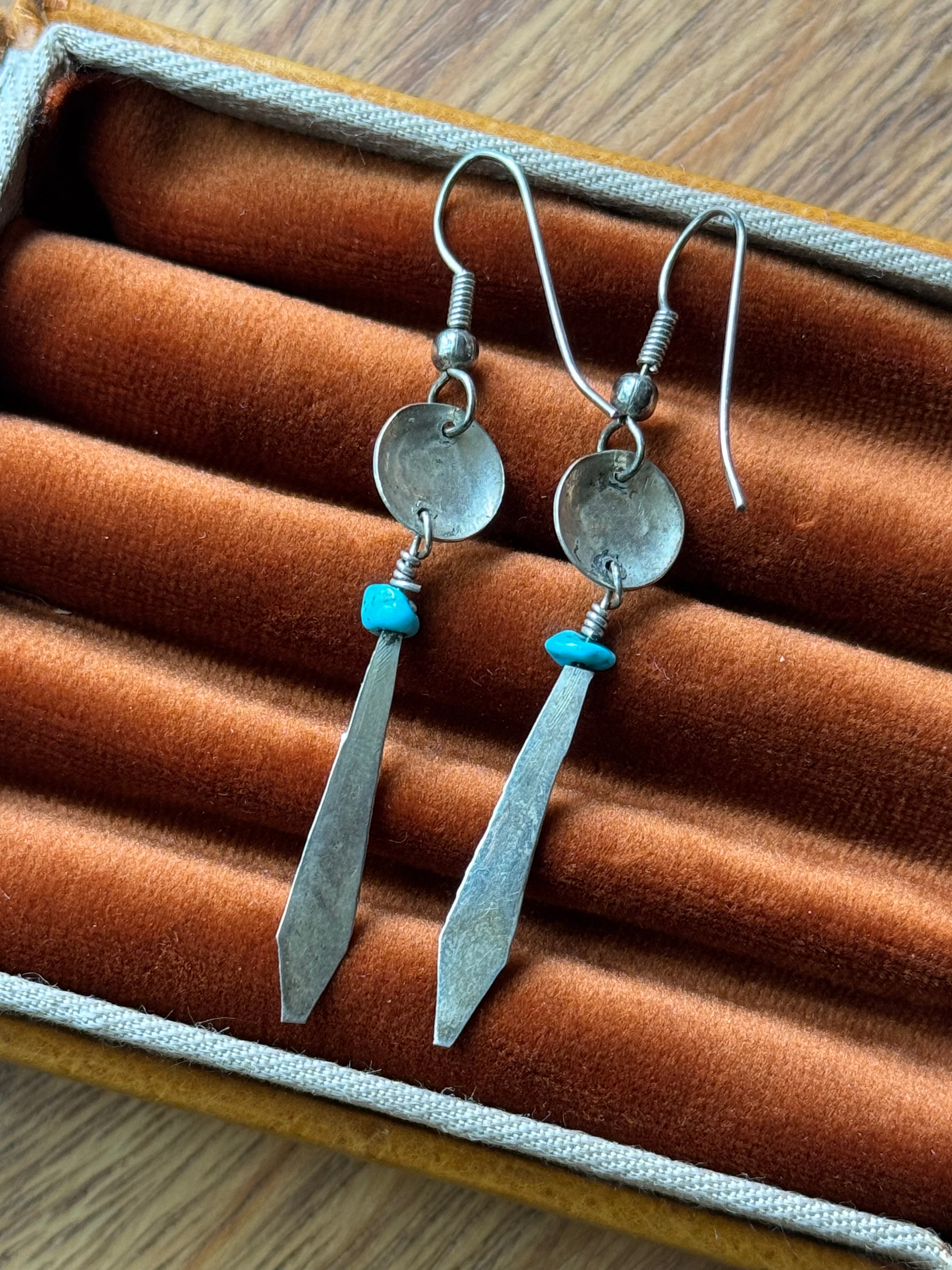 Vintage Sterling Silver Stamped Concho Turquoise Feather Earrings