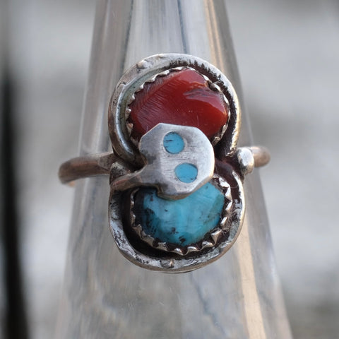 Vintage Sterling Zuni Turquoise and Coral Snake Ring 6.25