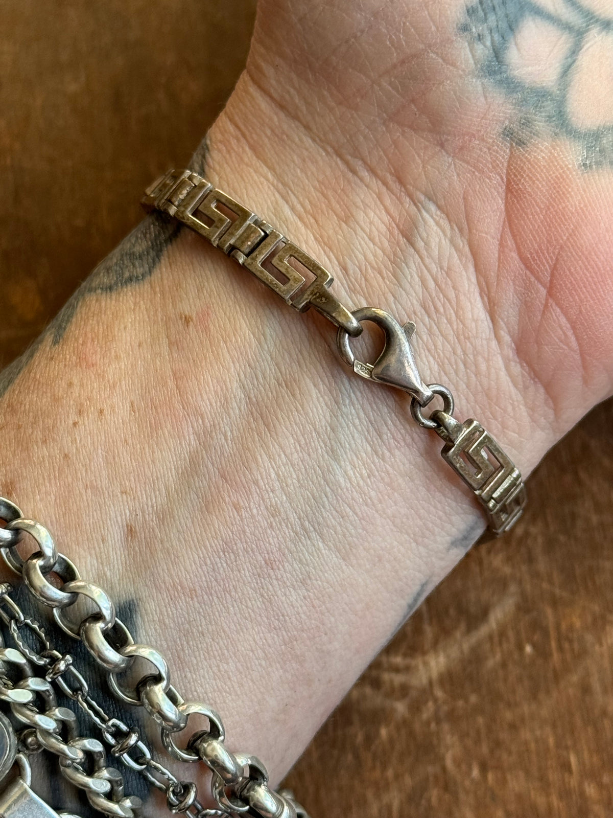 Vintage Sterling Silver 7.25” Onyx Grecian Link Bracelet