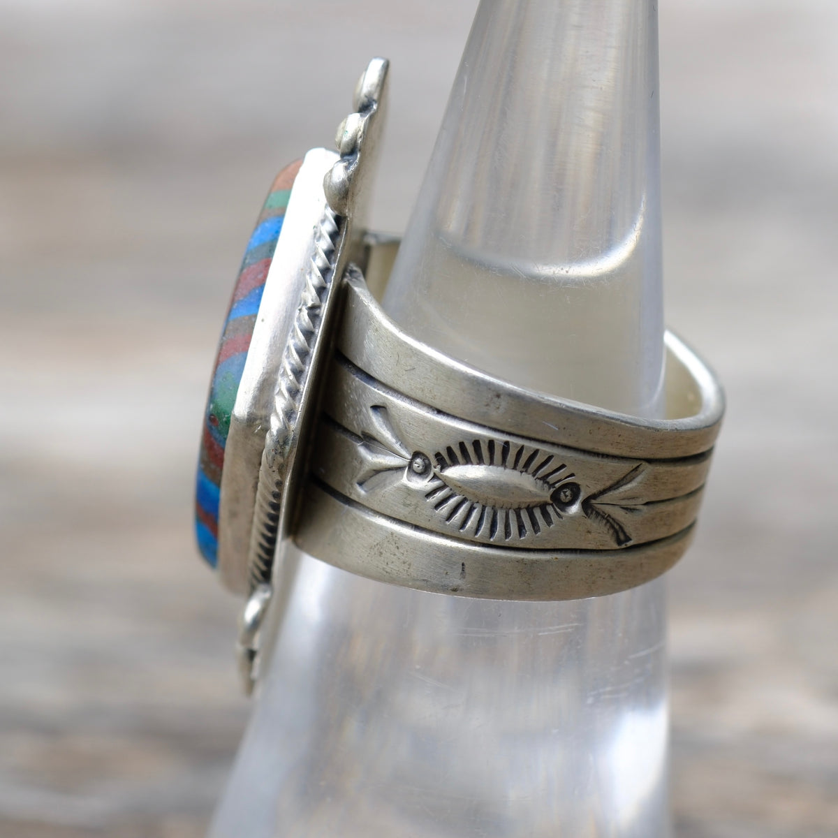 Vintage Sterling Rainbow Calsillica Ring 6