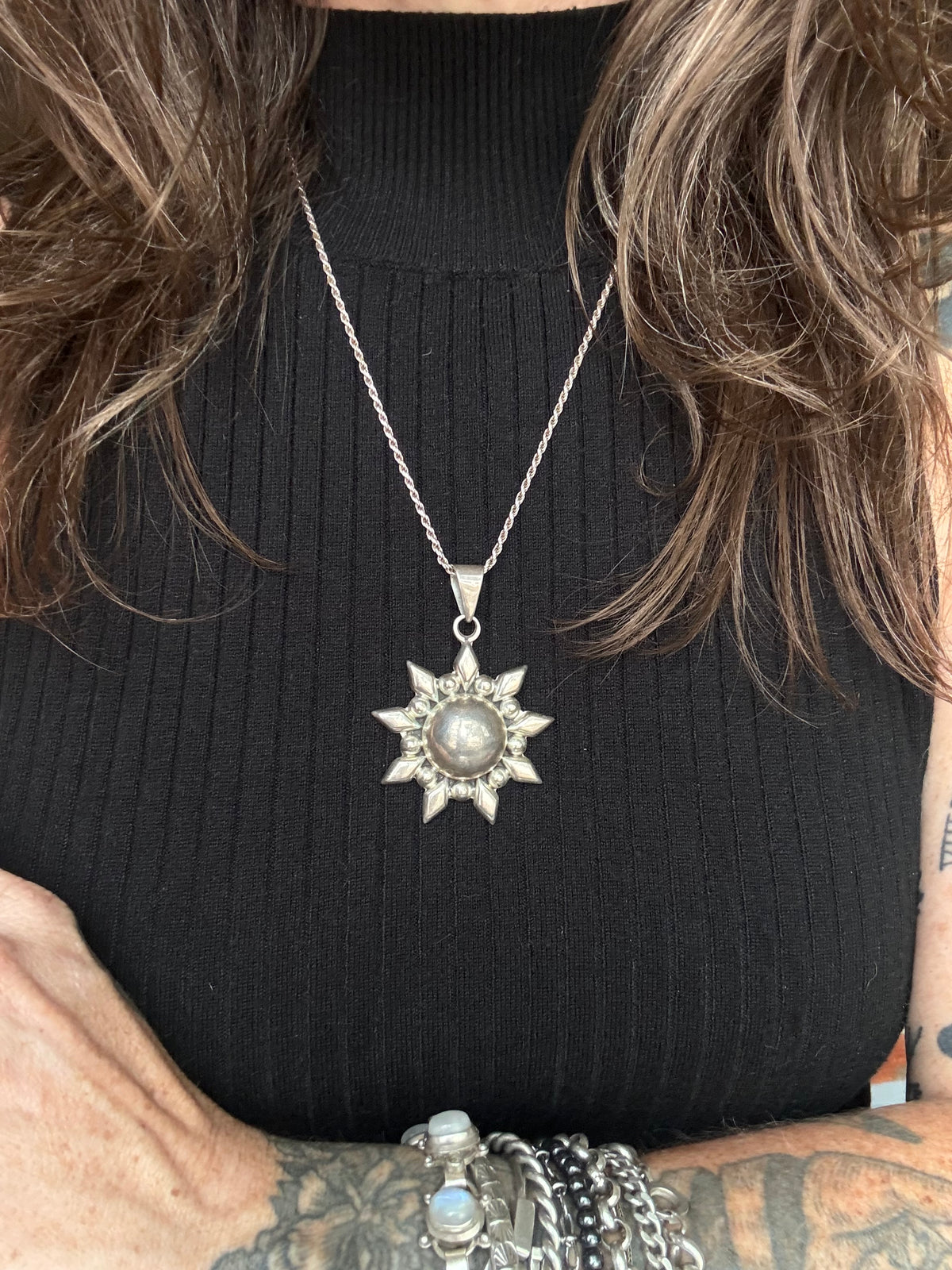 Vintage Sterling Silver High Dome Sun Necklace